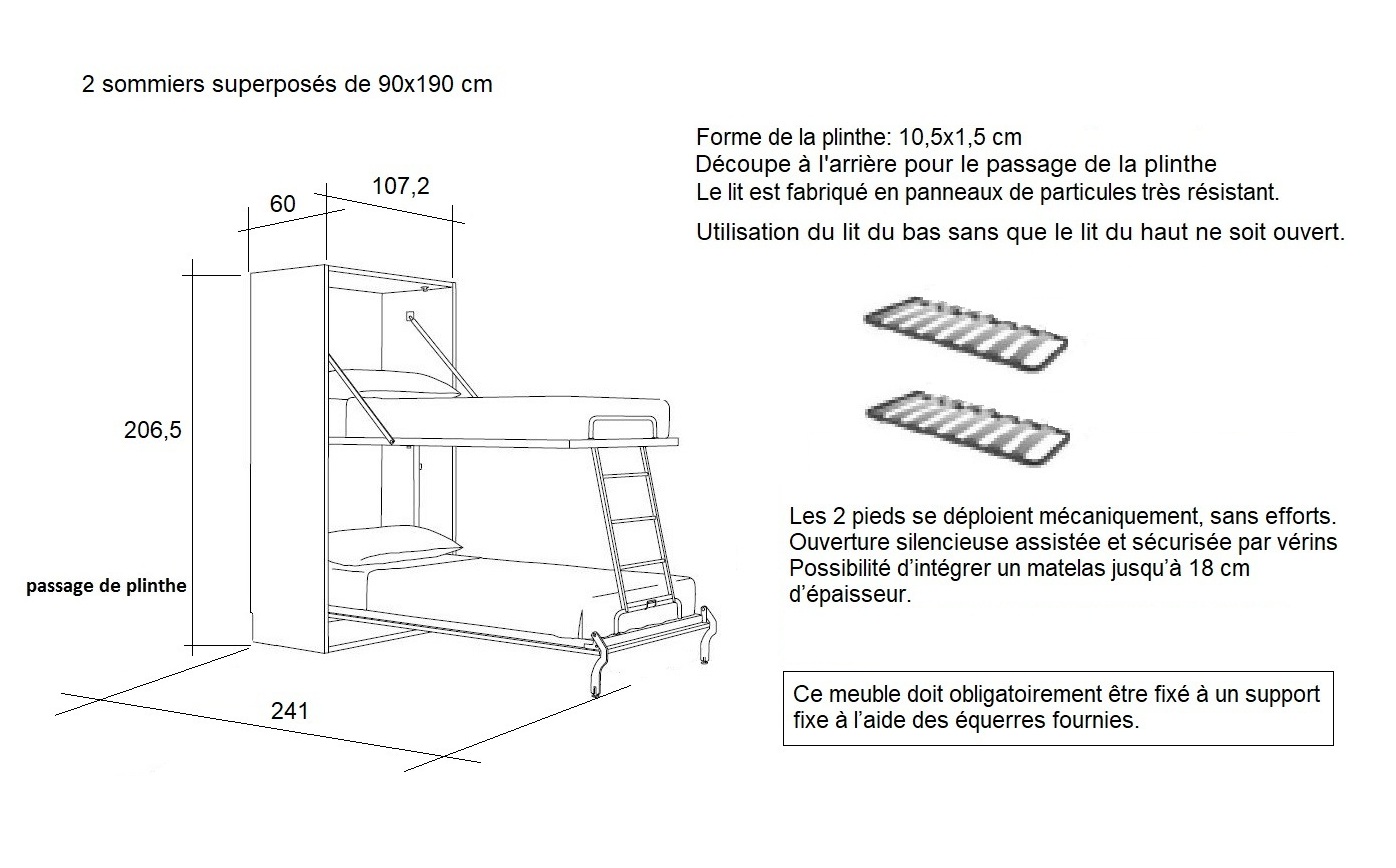 Armoire 2 lits superposés escamotables verticaux de 90x190 cm